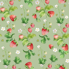 Seamless pattern of watercolor strawberries on a branch with flowers and leaves