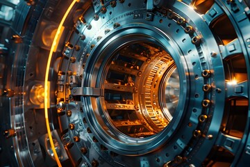 Captivating Closeup of Powerful Hydroelectric Turbine Generator Showcasing Intricate Engineering and Raw Industrial Might