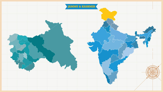 A Map highlighting Jammu and Kashmir in the India Map, Jammu and Kashmir and India modern map with Colorful Hi detailed Vector, geographical borders