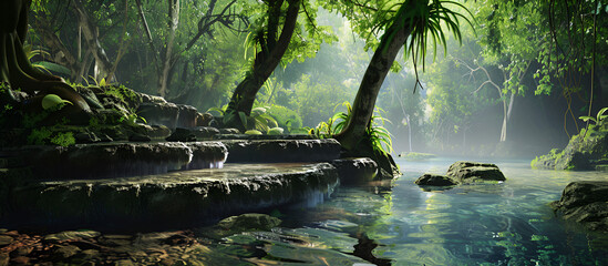 Waterfall in tropical green tree forest, Stone Mountain background