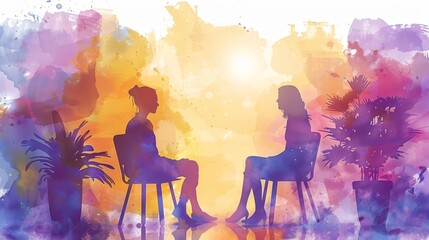 The image is a watercolor painting of two people sitting on chairs, talking to each other