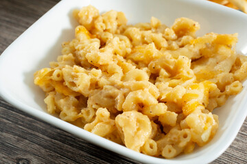 A view of a bowl of mac n cheese.