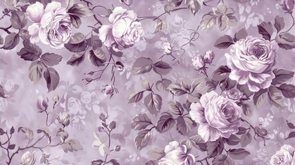 Soft lilac hue with elaborate floral patterns blooming across.