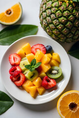 Top view of tropical fruit salad on white plate. Healthy food. Freshness. Flat lay. Food photography