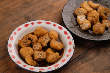 Tahu gejrot is a typical food from Cirebon, West Java, Indonesia, made from tofu that has been fried and then eaten with a sauce consisting of chili, garlic, shallots and sugar. Indonesian food
