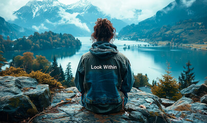 Woman Meditating on Mountain Cliff Overlooking Scenic Lake and Mountains in Autumn, Morning Serenity, Inspirational Nature Landscape, Look Within Concept