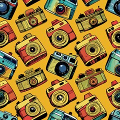 Fototapeta premium Seamless pattern of vintage camera sketches, perfect for wrapping gifts for photography enthusiasts, Generative AI