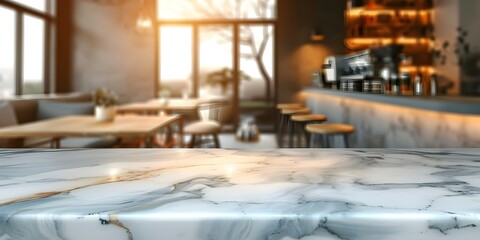 Elegant White Marble Table in Coffee Shop with Blurred Background and Copy Space. Concept Coffee Shop, White Marble Table, Blurred Background, Copy Space