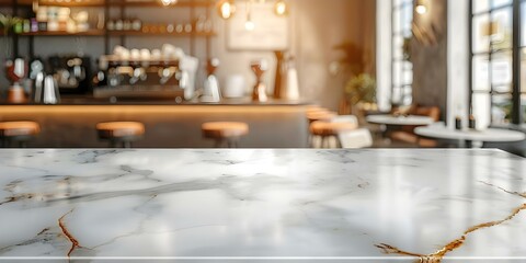 Elegant white marble table in a coffee shop with blurred background for copy space. Concept Marble Table, Coffee Shop, Elegant Setting, Copy Space, Blurred Background