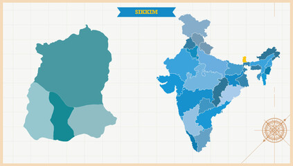 A Map highlighting Sikkim in the India Map, Sikkim and India modern map with Colorful Hi detailed Vector, geographical borders