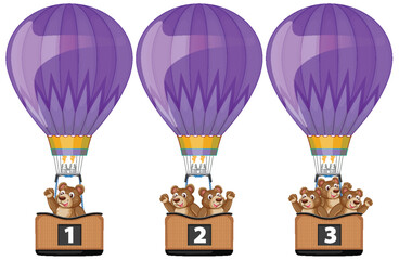 Colorful hot air balloons carrying cheerful bears