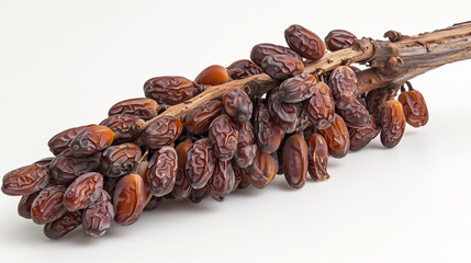 Obraz premium Heap of pitted dates isolated on white background, top view. Fruits of date palm (phoenix dactylifera). Close up view of clusters of immature dates ripening on the tree. Dates hanging on the vine. 