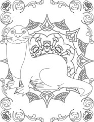 Otter on Mandala Coloring Page. Printable Coloring Worksheet for Adults and Kids. Educational Resources for School and Preschool. Mandala Coloring for Adults
