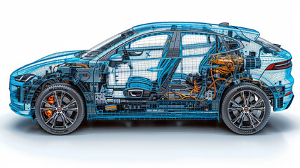 isometric diagram of a cutaway modern EV car showing all the components,generative ai