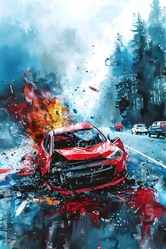 Wall mural Dramatic Watercolor Depiction of a Catastrophic Highway Crash Requiring Urgent Emergency Response