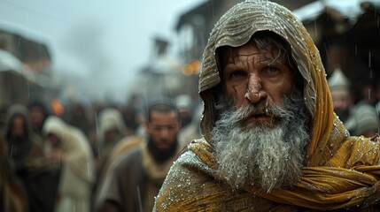 Jewish men in the street. old testament. biblical cinematic scene, background of many people...