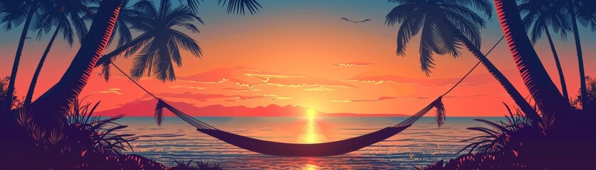 Sunset view from hammock between palm trees overlooking calm ocean