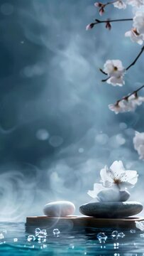  spa vertical background with stones and flowers , water and steam, natural light, tranquil atmosphere for relaxation and meditation, spa retreats, wellness centers, relaxation spaces.