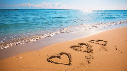 Secluded beach with footprints forming heart shapes in sand on serene Valentine's day.