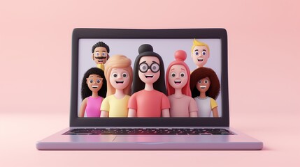 Colorful 3D animated characters in a virtual meeting displayed on a laptop screen, set against a vibrant pink background.