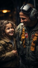A candid moment as a fighter pilot greets his family upon returning from deployment