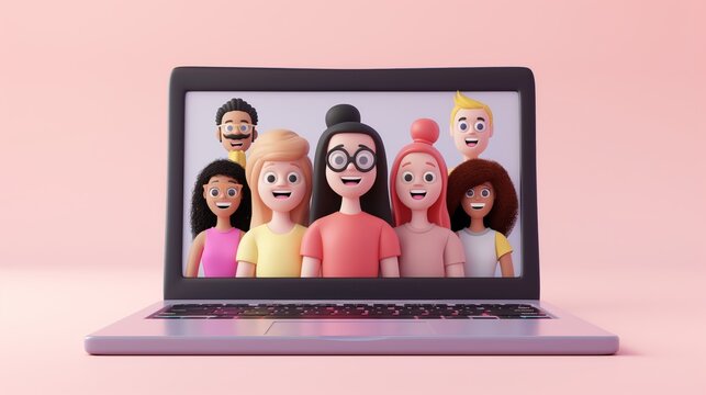 Colorful 3D animated characters in a virtual meeting displayed on a laptop screen, set against a vibrant pink background.