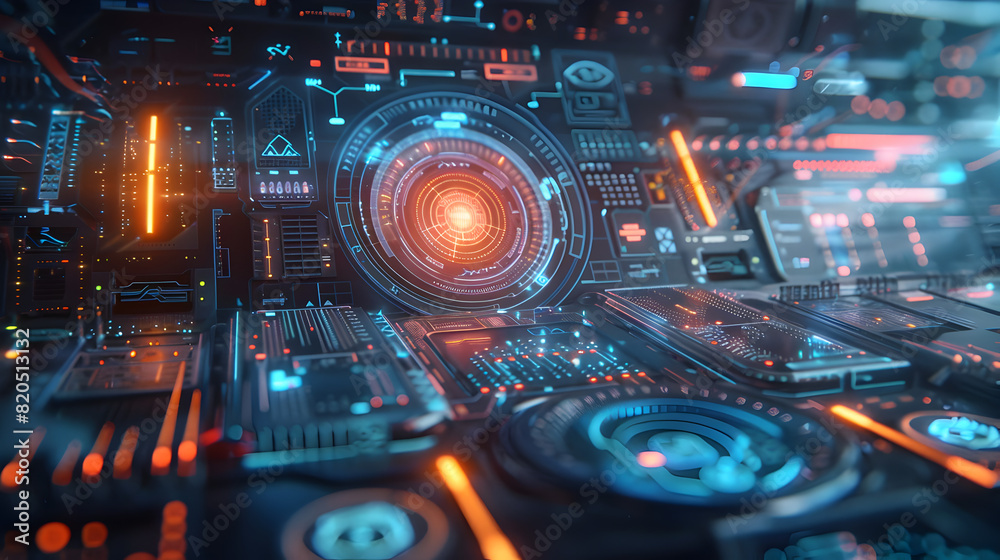Wall mural a computer monitor with a glowing red circle in the center. the image is of a futuristic cityscape w