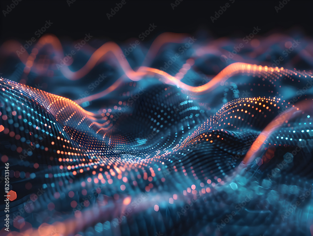 Wall mural a blue and orange wave pattern with dots. the image is abstract and has a futuristic feel to it