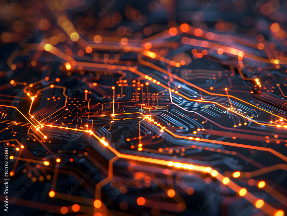 Wall mural a close up of a circuit board with orange and blue lines. concept of technology and complexity