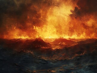 An artistic depiction of a burning ocean horizon, evoking a sense of urgency, perfect for impactful environmental campaign posters or educational materials