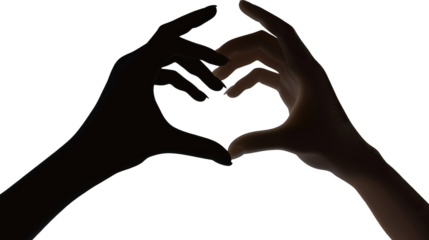 A heart formed by the silhouettes of two hands clasped together, representing unity, support, and companionship against a transparent background
