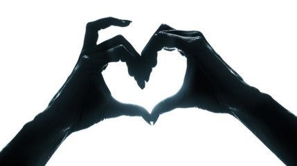 A heart formed by the silhouettes of two hands clasped together, representing unity, support, and companionship against a transparent background