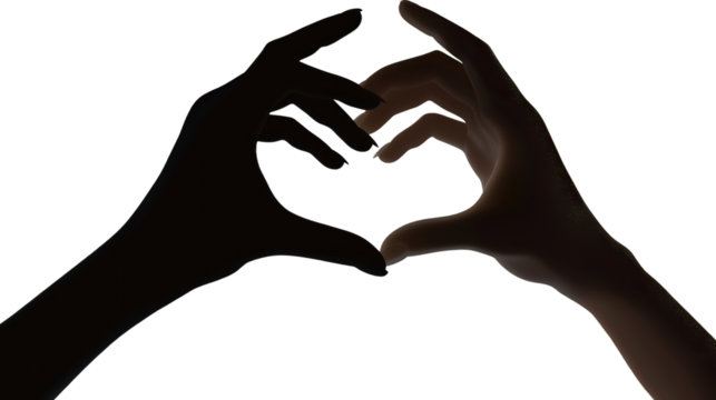 A heart formed by the silhouettes of two hands clasped together, representing unity, support, and companionship against a transparent background