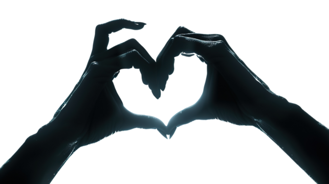 A heart formed by the silhouettes of two hands clasped together, representing unity, support, and companionship against a transparent background - Powered by Adobe