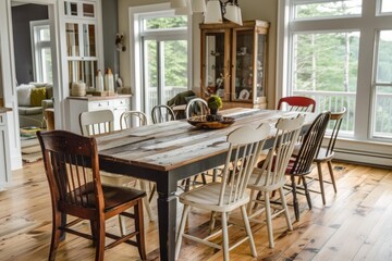 Rustic farmhouse dining room table with mismatched chairs.