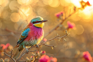 A detailed close-up of a colorful bird perched on a branch, with the blurred savannah landscape providing a natural backdrop 