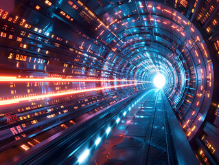 A tunnel with a bright blue light shining through it. The tunnel is filled with numbers and lights