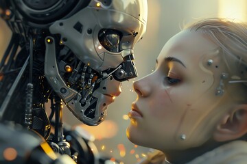 A beautiful young woman with long black hair and blue eyes is standing in front of a robot