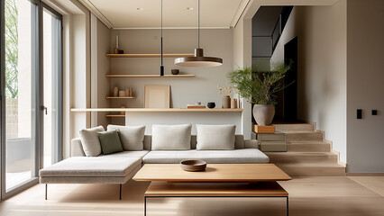 Simple and stylish minimalist living room, interior design, mock-up, copy space, plants, sofa, cushions, art frames