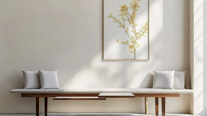 Simple and stylish minimalist living room, interior design, mock-up, copy space, plants, sofa, cushions, art frames