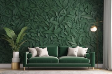 Modern Living Room Design With Two Seater Green Sofa And Leafy Wallpaper