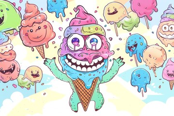 Cartoon cute doodles of a mischievous monster holding an ice cream cone with multiple scoops piled high, Generative AI