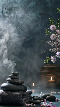  spa vertical background with stones and flowers , water and steam, natural light, tranquil atmosphere for relaxation and meditation, spa retreats, wellness centers, relaxation spaces.