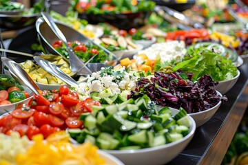 Fresh salads displayed at catered event or celebration. Cuisine culinary buffet catering food