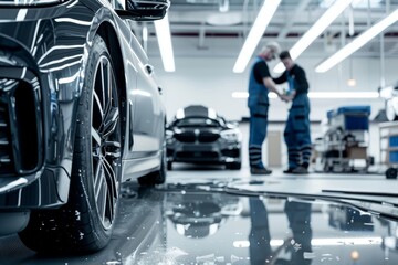 Professional car repair after accident on white background. Mechanic fixing vehicle.