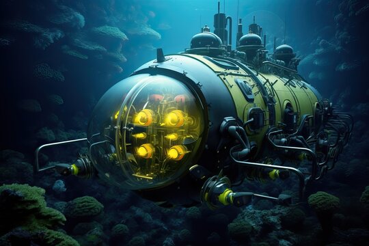 Close-up view of a research submersible floats near the ocean floor. Exploration of the deep sea as a key to understanding the origin of life.