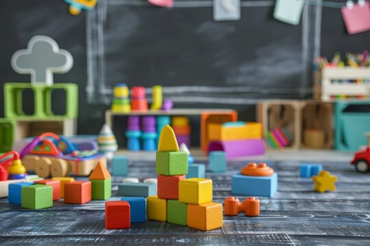 Colorful educational toy playroom for preschoolers and kindergarten with free space