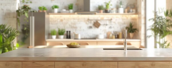 Modern kitchen interior with sleek cabinets and stainless steel appliances, featuring a spacious island and adjoining dining table Clean and minimalist design