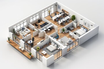 square open layout bim 3d office floor plan isometric view on white background