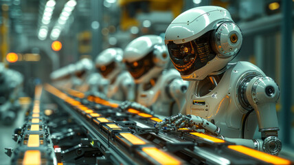 Control unit directs robotic arms in a logistics setting, orchestrating product placement on conveyor belts.generative ai